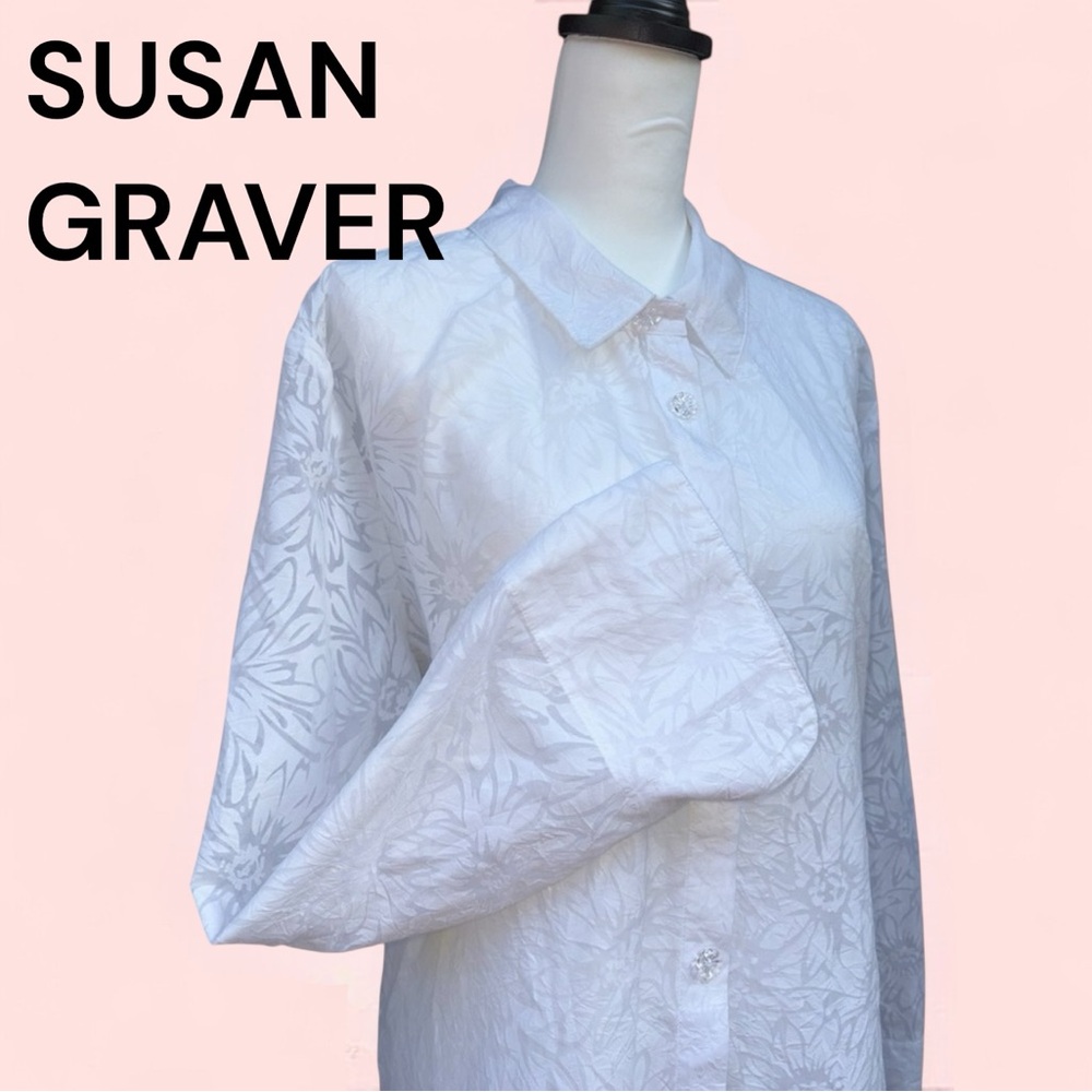 Susan Graver Style White Shirt Sheer Floral Button Down Long Sleeve Cotton XL